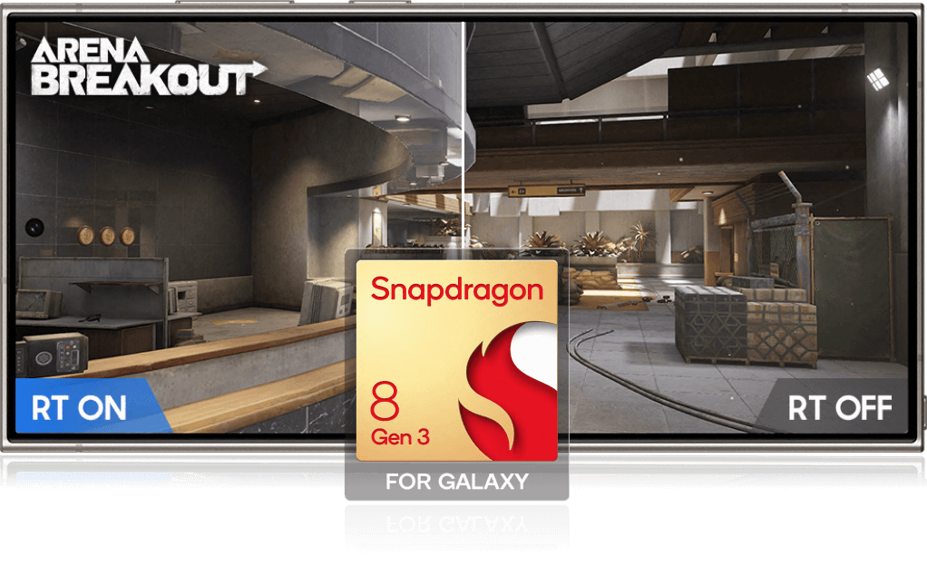 image of Arena Breakout showcasing the differences between RT ON & OFF with Snapdragon 8 Gen 3 for Galaxy.
