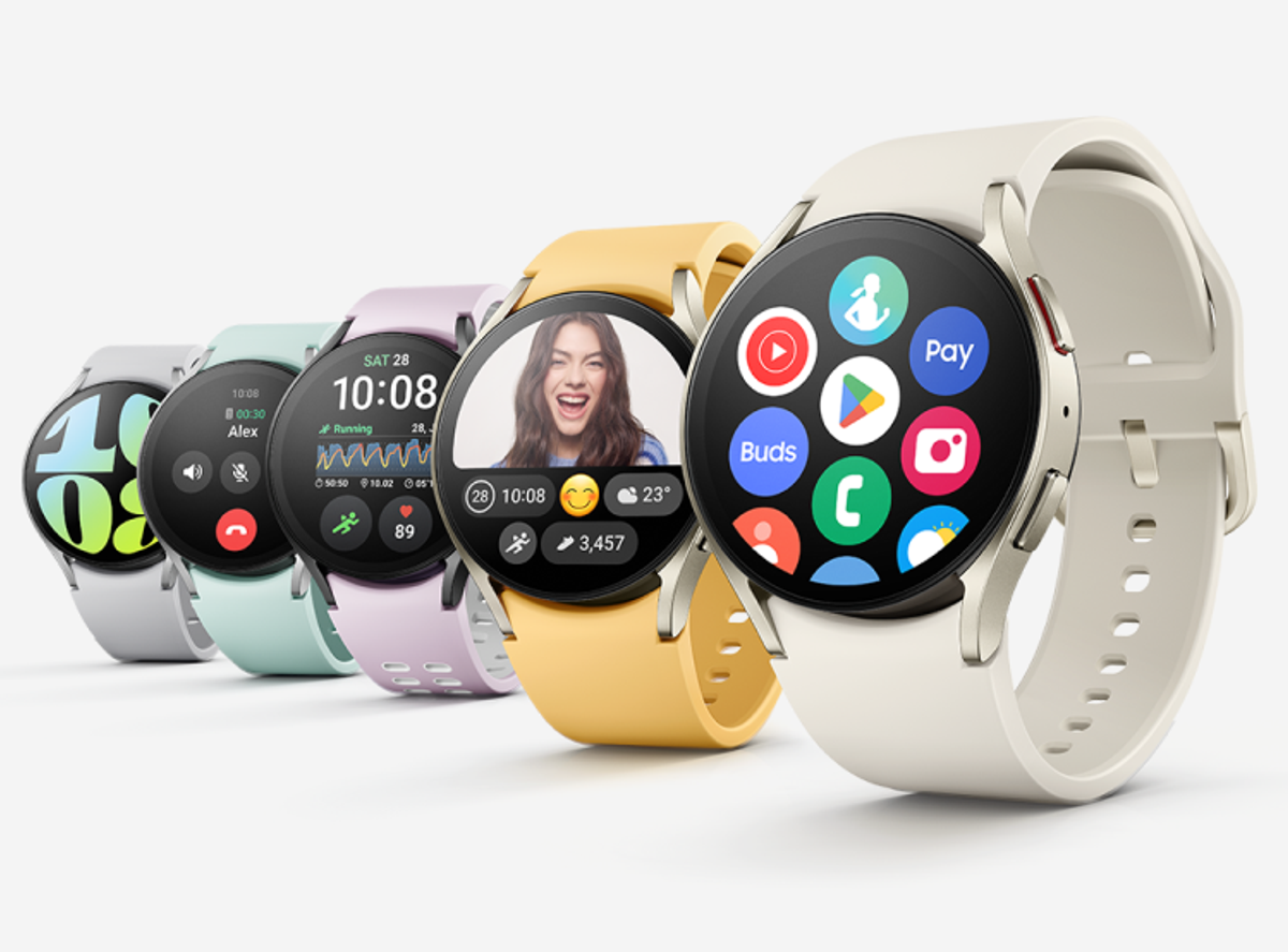 5 Galaxy Watch6 devics in different colours with different screen overlays