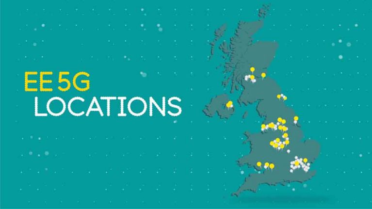 Map of the UK with 5G locations pin pointed