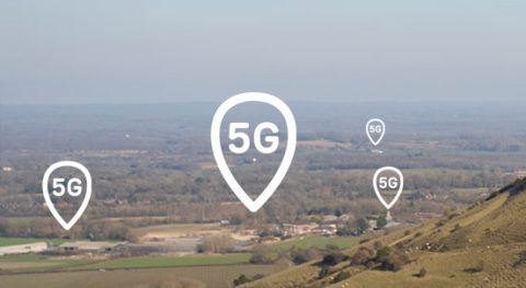 Image of a landscape with 5G logos overlaying it