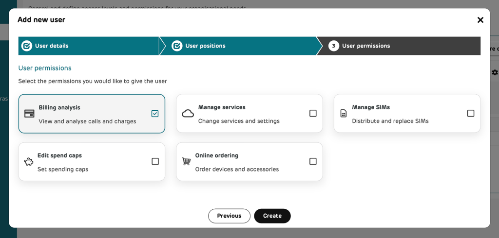 Add new user menu with User permissons step shown, showing Edit spend caps tile