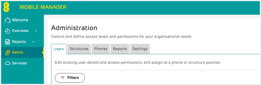Administration page with tabs for Users (highlighted), Structures, Phones, Reports and Settings