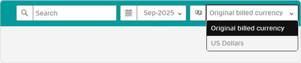 Billed overview menu showing dropdown with Original billed currency and US Dollars options