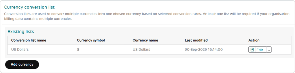 Currency conversion list menu