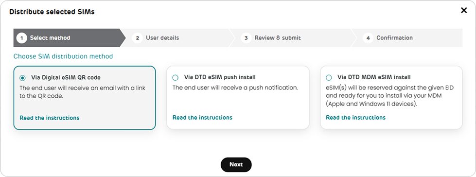 Distribute selected SIMs menu