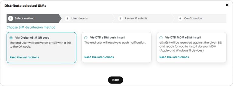 Distribute selected SIMs menu