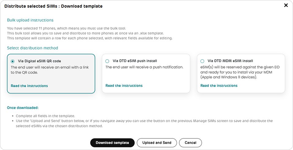 Distribute selected SIMs - download template menu