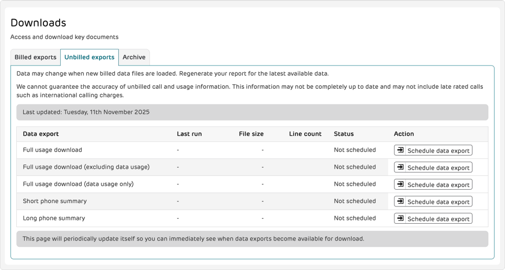 Downloads menu with Unbilled exports tab selected