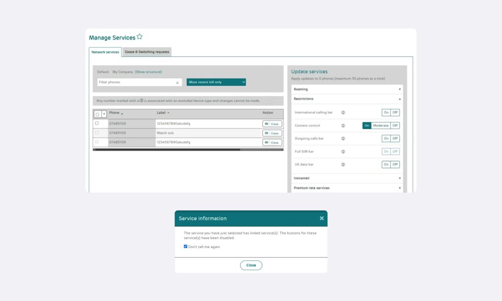 Network Services screenshot showing that Full SIM bar option is disabled when other services have been selected.