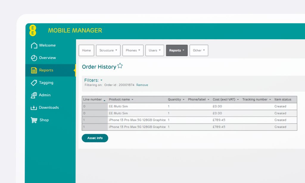 Order history page showing separate order lines for phone and SIM cards.