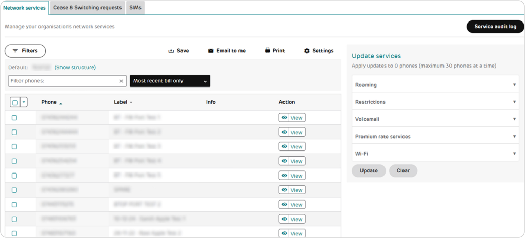 Network Services menu