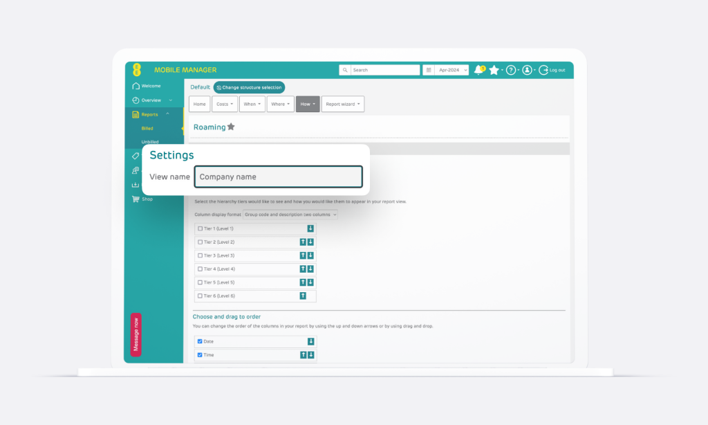 Image of roaming usage page in Mobile Manager with View name field shown