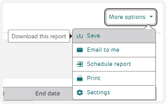 Image of save reports menu on technology funds page in Mobile Manager