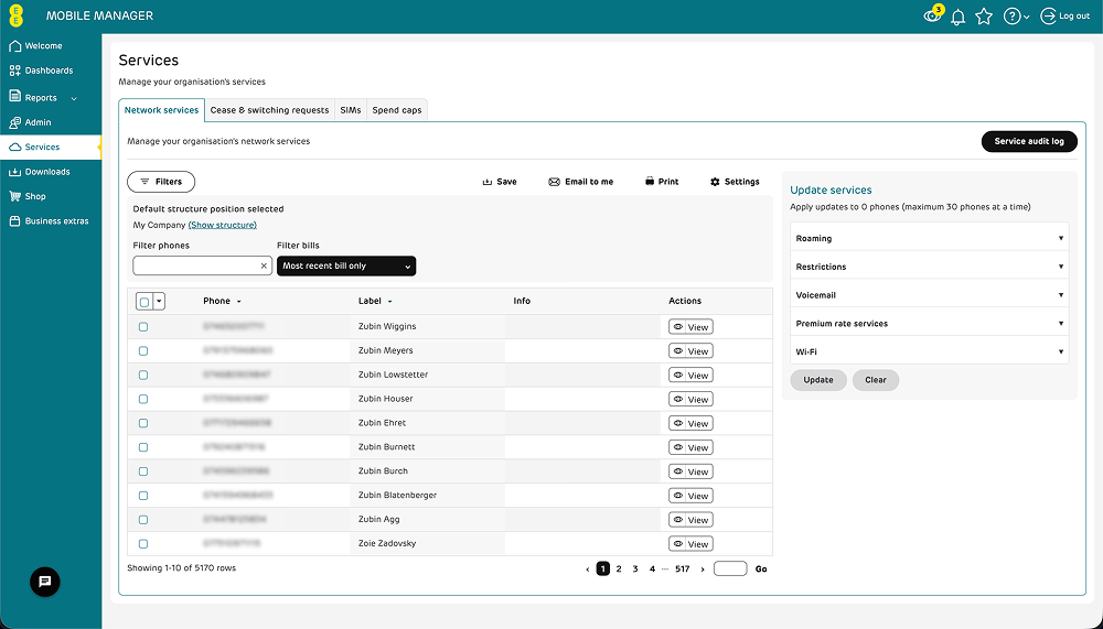 Services menu with Network services tab selected