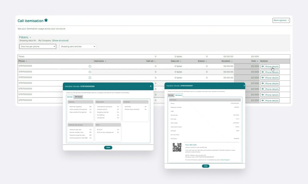 Call itemisation page screenshot showing a table with rows of phone details, with each row having a Phone details button which opens a window showing Services and SIM details tabs for the phone.