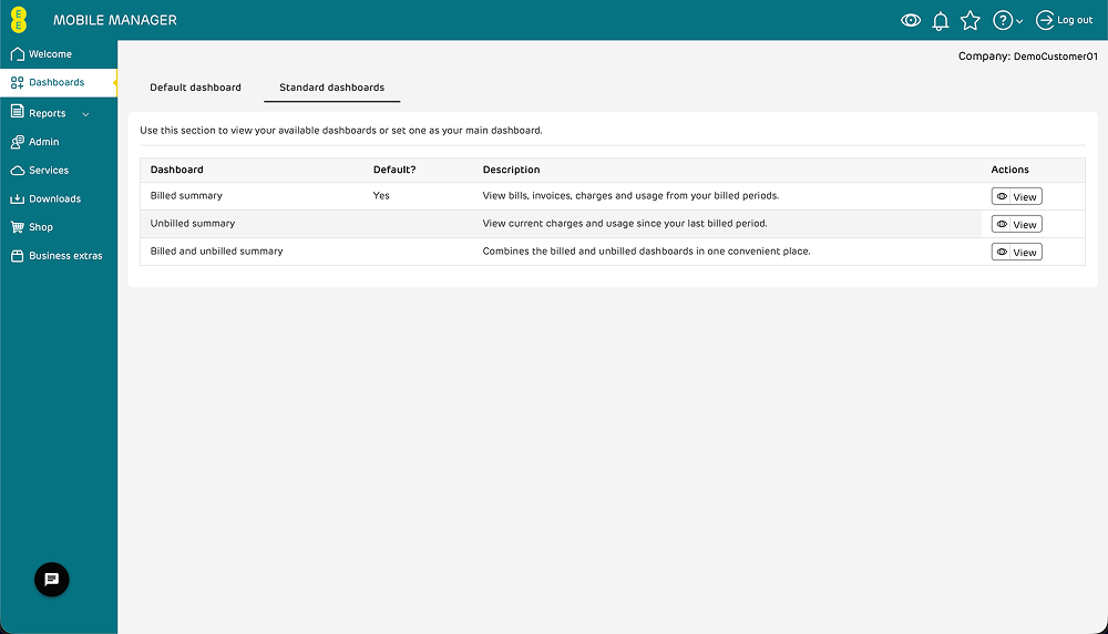 Dashboards menu with Standard dashboards tab selected