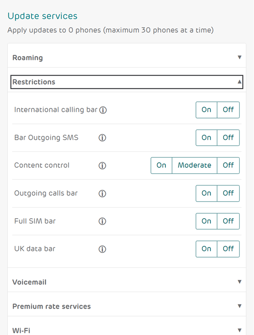 Update services menu showing 'Bar Outgoing SMS' option