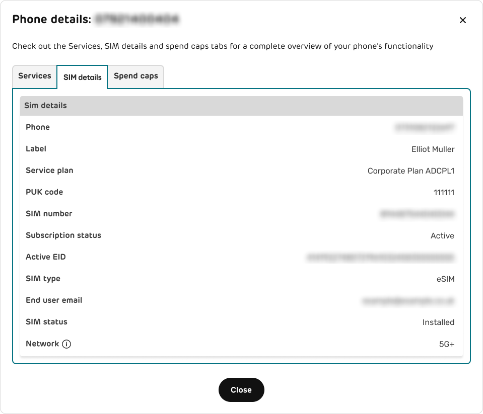 Phone details menu with SIMs details selected