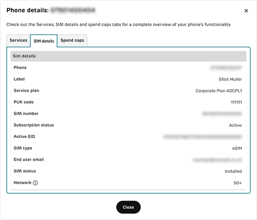 Phone details screen with SIM details tab selected